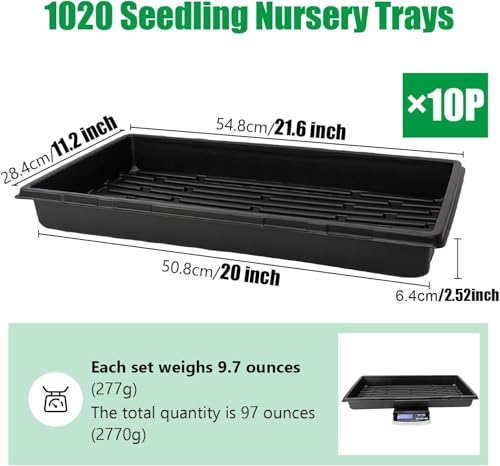 RooTrimmer 10 Pack 1020 Trays and 10 Pack 1020 Mesh Bootom Trays, 20'' x 10'', Heavy Duty Propagation Flats for Microgreens, Seed Starting, Soil Blocks, Hydroponics & Wheatgrass (10 Sets) - size: 21L x 11 W x 2.5 H