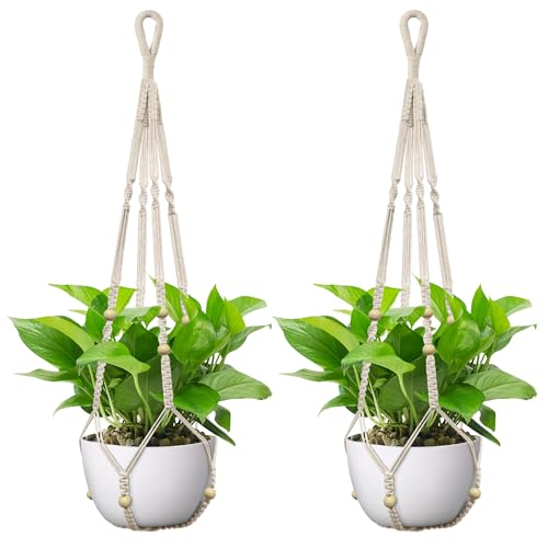 USLAI Macrame Plant Hanger, Fits 4 to 15 Inch Pots, 35 Inch, Ivory, 2 Pack | Strong Hanging Plant Holder for Indoor Outdoor, Boho Home Decor (Pots Not Included) - color: Ivory, size: 35+35 Inch