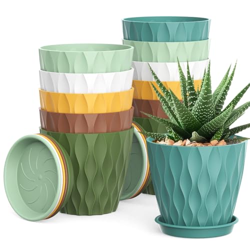 4 Inch Small Pots for Plants, 12 Pack Waffle Texture Small Plant Pots for Succulents, Plastic Planter with Drainage Holes and Saucers for Indoor Outdoor Plants, Flowers, Herbs, Seedlings, Colorful - color: Colorful, size: 12-Pack