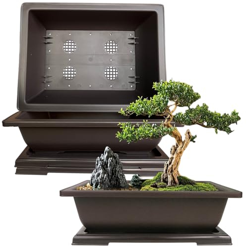 MUZHI 3PCS 12 Inch Retro Style Large Rectangular Garden Pots Bonsai Planters Pot with Humidity Tray,Repotting Bonsai Tree Growing Planter - size: 3PCS Rect XXXL 12.5"