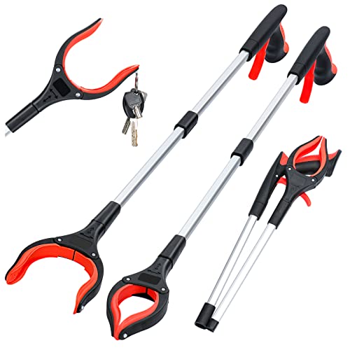 2-Pack Grabber Reacher Tool,32 Inch Extra Long Foldable Pick Up Stick with Strong Grip Magnetic,360°Rotating Anti-Slip Jaw,Trash Claw Grabber Tool,Trash Picker Tool for Outdoor & Indoor (Red) - color: Red