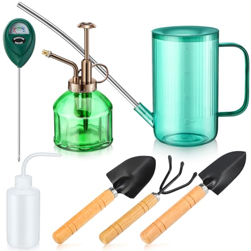 Set of 7 6.3'' Vintage Glass Plant Mister Modern 1.2l Long Spout Watering Can Squeeze Bottle Soil Moisture Meter 3 Pcs Hand Planting Tools for Indoor Outdoor Gardening Potted Flower, Green
