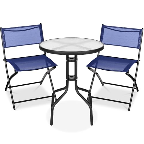 Best Choice Products 3-Piece Patio Bistro Dining Furniture Set w/Textured Glass Tabletop, 2 Steel Folding Chairs, Polyester Fabric - Navy - color: Navy