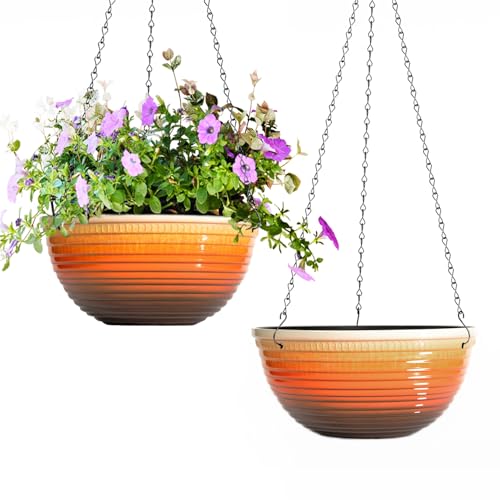 2 Pack 10 Inch Glazed Hanging Planters for Indoor Outdoor Plants, Orange | Hanging Planter with Drainage Hole & Plug, Hanging Baskets Flower Pots for Garden Home - color: Orange, size: 10inch