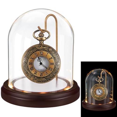 Beeveer 4 x 5 Inch LED Light Pocket Watch Glass Display Dome Cloche | Clear Display Bell Jar Cloche Glass Dome for Plant Medal Photo Antique Office Home Decoration, with Solid Wood Base Gold Hook