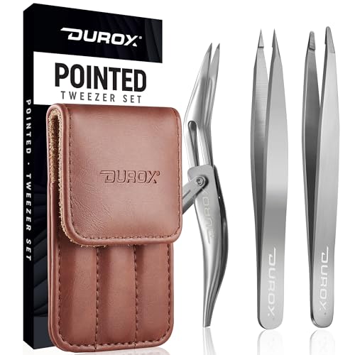 DUROX 3-Piece Tweezers Set for Ingrown Hair & Splinter Removal - 1. Pointed Ingrown Hair Tweezers, 2. Sharp Splinter & Sliver Remover, 3. Blunt Tip Facial & Chin Hair Tweezers, Stainless Steel, Pouch