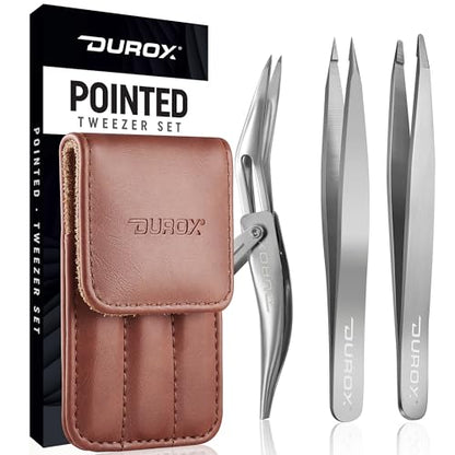 DUROX 3-Piece Tweezers Set for Ingrown Hair & Splinter Removal - 1. Pointed Ingrown Hair Tweezers, 2. Sharp Splinter & Sliver Remover, 3. Blunt Tip Facial & Chin Hair Tweezers, Stainless Steel, Pouch