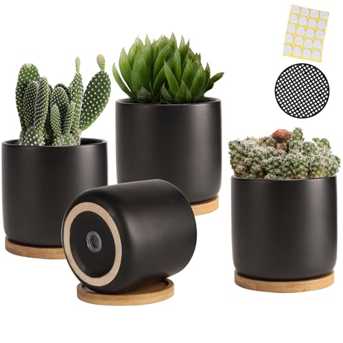 4 Inch Ceramic Black Plant Pots with Saucer and Drainage Hole, Set of 4 - color: Black