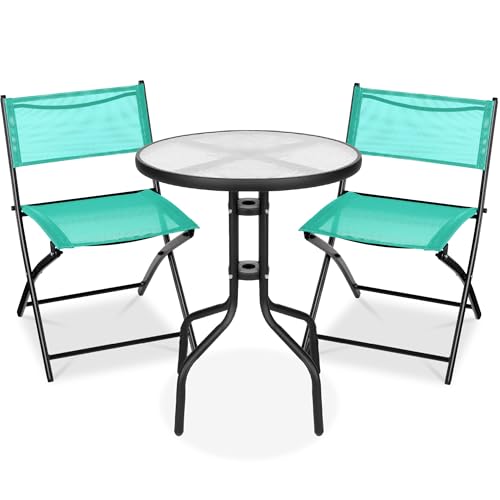 Best Choice Products 3-Piece Patio Bistro Dining Furniture Set w/Textured Glass Tabletop, 2 Steel Folding Chairs, Polyester Fabric - Mint - color: Mint