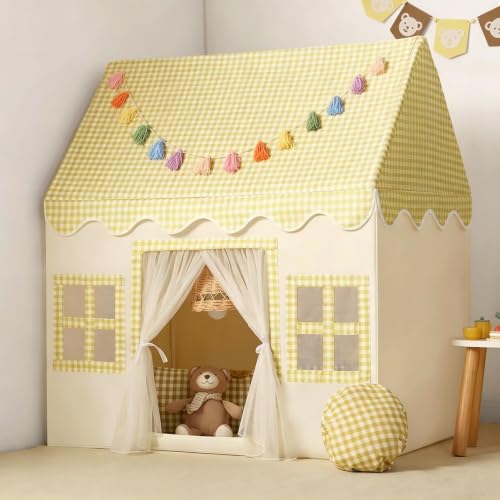 Kids Play Tent Indoor: Mat, Tassel Garland - Yellow Checkered Boys Tent Playhouse for Girls Kids Toys for Boy Girl Birthday Gift - color: Yellow Checkered, size: Normal