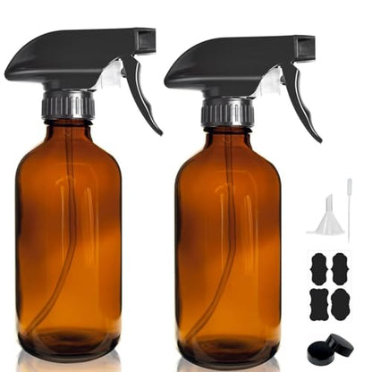 8OZ Amber Glass Spray Bottles - 2 Pack - Empty Refillable Bottle for Essential Oils, Plants, Cleaning Solutions, Hair Mister - Durable Nozzle w/Fine Mist and Stream Setting
