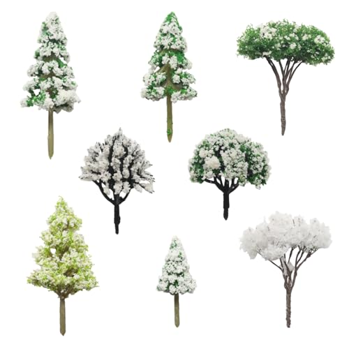 8 Pcs White Snow Miniature Model Trees, Mixed Size 2"-3.4" - color: White