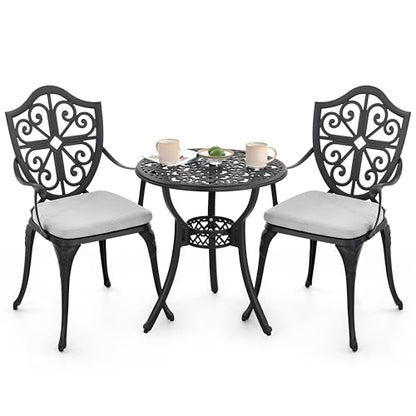 NUU GARDEN Outdoor 3-Piece Bistro Set with Cushions, Round 24 Inch Cast Aluminum Bistro Table with 2.17" Umbrella Hole, 2 Cast Aluminum Bistro Chairs, for Patio, Garden, Backyard and Balcony, Black - color: Bistro With Gray Cushion