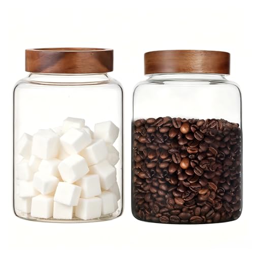 2 PCS Large Glass Jars with Wooden Airtight Lid 60 oz /1800ml,Clear Ground Coffee Bean Storage Canister with Screw Lid Glass Food Contianer for Pantry Sugar Tea Spice Cookies Salts (1800ml/60oz-2PACK) - color: 1800ml/60oz-2PACK