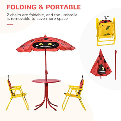 Outsunny Kids Table and Chair Set Picnic Table Umbrella Red Ladybug | Outdoor Folding Garden Furniture, Patio Backyard, Removable & Height Adjustable Sun Umbrella - color: Red