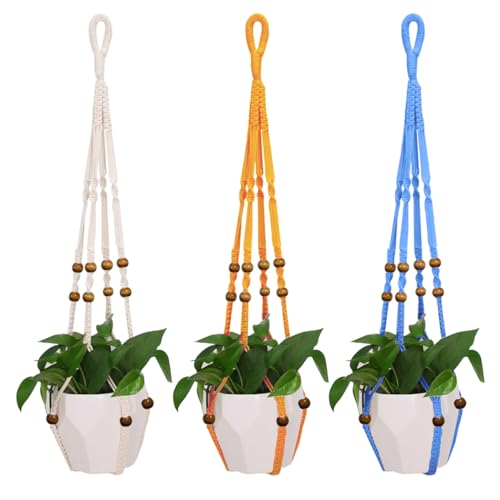 3 Pcs 35 Inch Macrame Plant Hanger Flower Pot Hanging Plant Holder No Tassels Decorative Hanging Planter Basket with Wood Beads for Indoor Outdoor Home Decor (Ivory+Yellow+Blue) - color: Ivory+yellow+blue