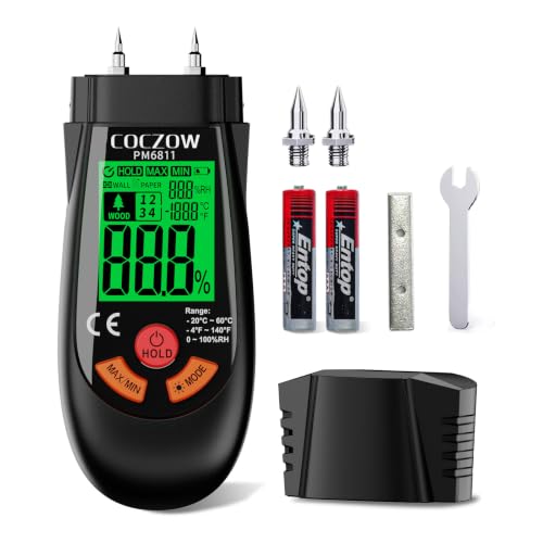 Wood Moisture Meter with Temperature and Humidity Measurement – Ideal for Quickly Measuring Moisture Content in logs, Paper, Plywood, Plaster Walls, Floor coverings, and Other Materials. - color: Black Red