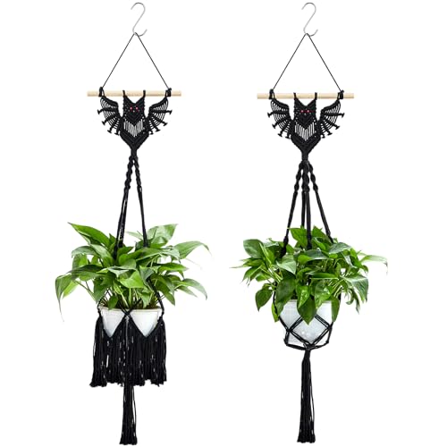 Shappy 2 Packs Jute Crochet Long Plant Hanger for 3 Inch to 12 Inch Pots, Macrame Plant Holder Rope Boho Plant Hanger with 2 S Shaped Hooks for Halloween Home Decor (Black,Bat)