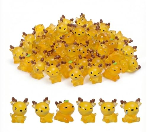 60Pcs Glow in The Dark Miniature Resin Deer Shapes for Car Dashboard Ornaments Fairy Garden Accessories, Micro Landscape Decoration, Terrarium Filler, Craft Supplies, Aquarium Decor - color: Yellow Deer