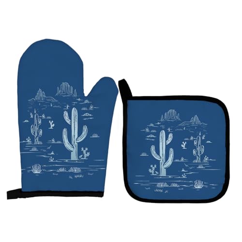 Blue Western Oven Mitts and Pot Holders Set, Cactus Oven Mitts, Over Mittens for Kitchen Decor, Western Gifts - color: Blue