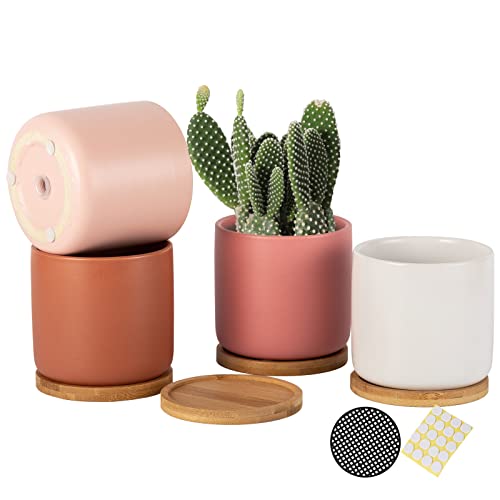 4 Inch Ceramic Multicolor Pots with Saucer & Drainage Hole, Set of 4 - color: Warm Multicolor
