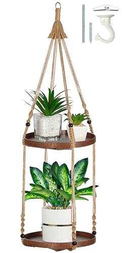 2 Tier Macrame Plant Hanger, Hanging Plant Shelf (12") | Plant Hanger Indoor, Hanging Planter, Hanging Planter Shelf, Plant Hangers - color: Brown, size: 1-Pack, 2-Tier