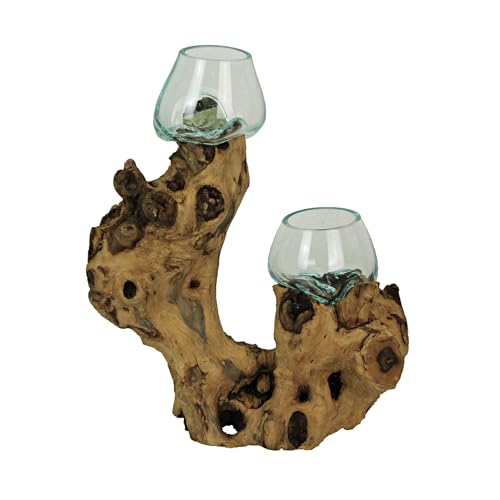 Decorative Vase, 13.5 Inch Tall Double Molten Glass Bowl on Root Wood - size: 13.5 inch Double Bowl