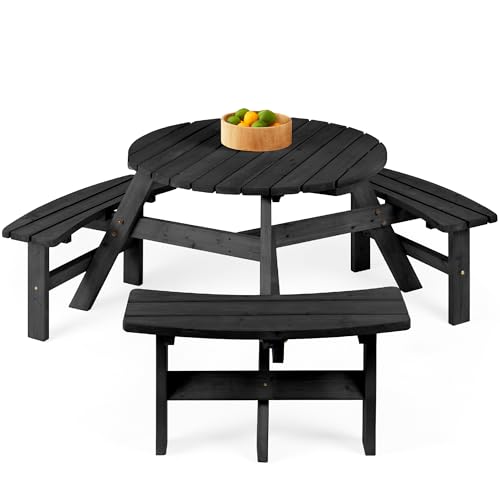 Best Choice Products 6-Person Circular Outdoor Wooden Picnic Table for Patio, Backyard, Garden, DIY w/ 3 Built-in Benches, 500lb Capacity - Black - color: Black