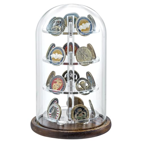 MyGift Challenge Coin Display Dome, Acrylic Military Coin Holder | Clear dome protects and displays up to 20 challenge coins on a rustic wood base for an eye-catching collectible showcase
