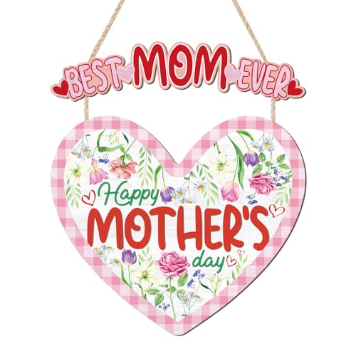 HOURIA Happy Mother's Day Wooden Sign(11.4”x12.5”),Vintage Best Mom Ever Wall Decor,Pink Flower Heart Shaped Door Hanger for Mom Grandma Woman - color: Pink