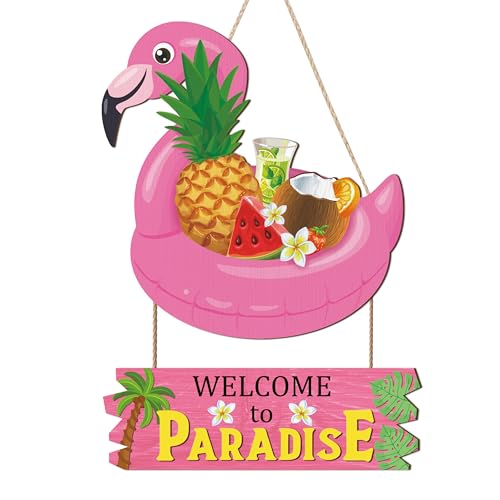 HOURIA Welcome to Paradise Door Sign(16”*11.4”), Pink Flamingo Hawaiian Summer Beach Wall Hanging Sign, Summer Coastal Tropical Fruit Coconut Tree Door Decor for Front Door Porch Pool Yard Beach Bar - color: Welcome to Paradise Sign