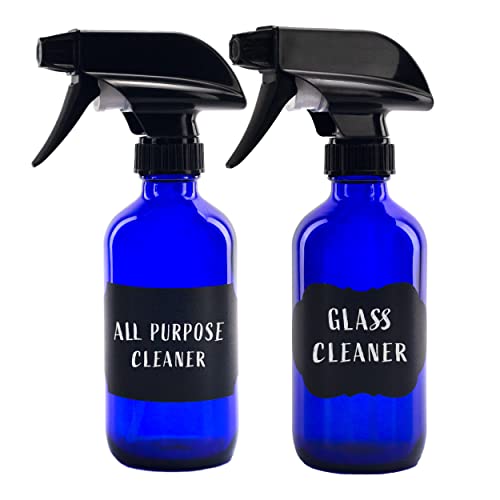 Cornucopia Brands 8-Ounce Cobalt Blue Glass Boston Round Spray Bottles (2 Pack) 3-Setting Heavy Duty Sprayers, Empty Refillable Bottle