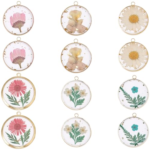 SUNNYCLUE 1 Box 12Pcs Dried Flower Resin Charms Pressed Flower Charm Round Shape Gold Edge Resin Floral Pendants for Jewelry Making Necklace Earring Keychain Bookmark Jewelry Making DIY Crafts