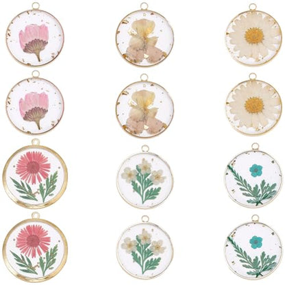 SUNNYCLUE 1 Box 12Pcs Dried Flower Resin Charms Pressed Flower Charm Round Shape Gold Edge Resin Floral Pendants for Jewelry Making Necklace Earring Keychain Bookmark Jewelry Making DIY Crafts