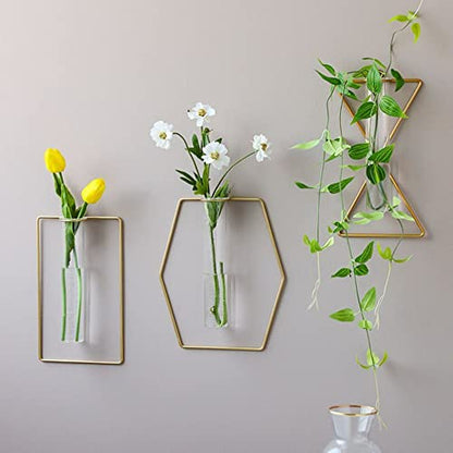 yaooral Luxury Nordic Hanging Wall Mounted Gold Flower Vase | Metal Frame Glass Tube/Minimalist/Cute Exquisit Pretty/Geometric Hydroponic Bud Vase Decor for Wall Home Wedding Farmhouse - style: triangle