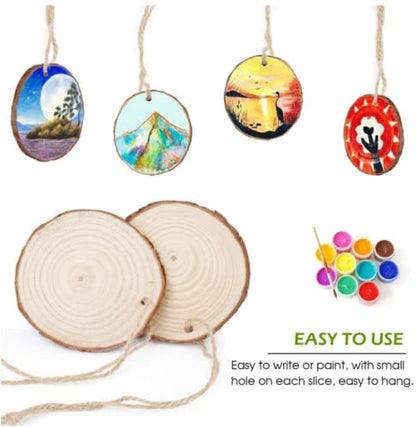 20pcs Wood Slices, BetterJonny 3.1-3.5 inch Undrilled Wooden Circles Predrilled with Hole Natural Wood Ornaments with 10 Meters Jute Rope for Arts DIY Craft - size: 20 Pcs (3.1-3.5 inch)