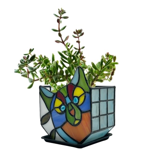 Tiffany Style Cute Cat Flower Pot with Drainage, Unique Stained Glass Indoor Plant Planter, Tiltable Cat Decor, Plant Lover Gifts for Women 4.6x3x5.15 in - color: Colorful — Red Orange