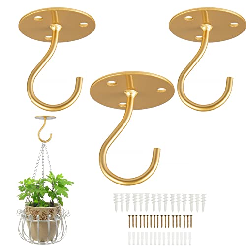 Ceiling Hooks for Hanging Plants-Metal Heavy Duty Wall Mounted Hangers for Hanging Bird Feeders, Planters, Wind Chimes, Include Professional Drywall Anchors (3-Pack) (Gold) - color: Gold
