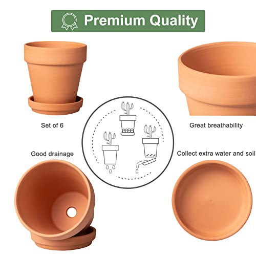 Orceler 4 Inch Terracotta Pots with Saucer - 6 Pack Small Clay Plant Pots with Drainage Holes, Flower Pots with Tray, Terra Cotta Pots for Indoor Outdoor Plants, Crafts, Wedding Favor