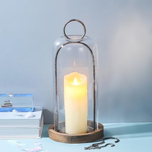 16" High Versatile Rustic Brown Metal Candle Holder with Handmade Sturdy Glass Dome And Shabb Brown Wooden Base for Pillar Candle & Plants, Industrial, Farmhouse, Shabby Chic, Display Cloche Bell Jars - color: Brown, size: 7"x16"