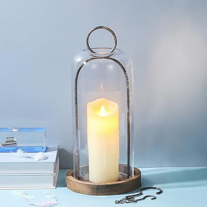 16" High Versatile Rustic Brown Metal Candle Holder with Handmade Sturdy Glass Dome And Shabb Brown Wooden Base for Pillar Candle & Plants, Industrial, Farmhouse, Shabby Chic, Display Cloche Bell Jars - color: Brown, size: 7"x16"