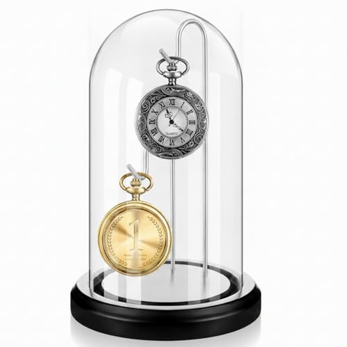 Beeveer 1pc 4x7 Pocket Watch Display Case 2 Hook Black Silver | Wooden Base Glass Dome Cloche, Stable Metal Holder, Hold Watches Medals Collectibles, Desktop Shelf Decor, for Collectors - color: Black Silver, size: 2 Hooks