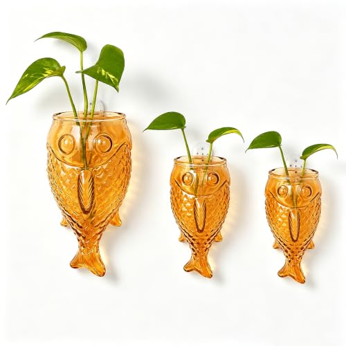 Wall Hanging Propagation Station: 3 PCS Brown Fish Shaped Glass | Plant Terrarium Vases, Home Office Desk Decor, Unique Gifts for Women Mom - color: Brown