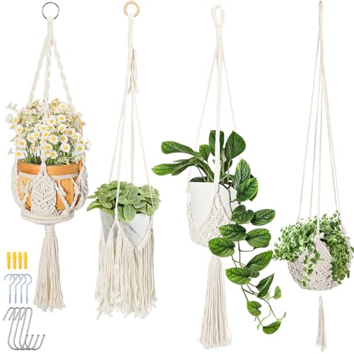 4 Packs Macrame Plant Hangers Indoor Hanging Planters, White - color: White