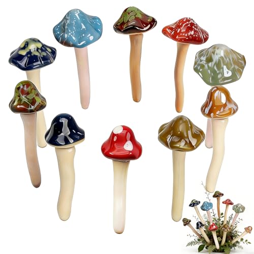 10 Pack Ceramic Mushroom Garden Decor, Outdoor Fairy Garden Ornament