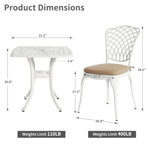 HOMEFUN Aluminum Bistro Set of 2 Outdoor 3 Piece Patio Furniture, White | Thickened Heavy-Duty Cast Ultra Sturdy Rustproof All-Weather for Garden Balcony - color: White Back