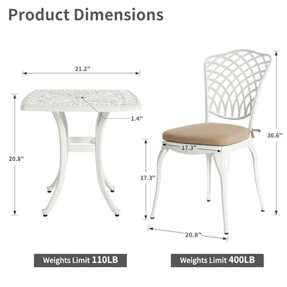 HOMEFUN Aluminum Bistro Set of 2 Outdoor 3 Piece Patio Furniture, White | Thickened Heavy-Duty Cast Ultra Sturdy Rustproof All-Weather for Garden Balcony - color: White Back
