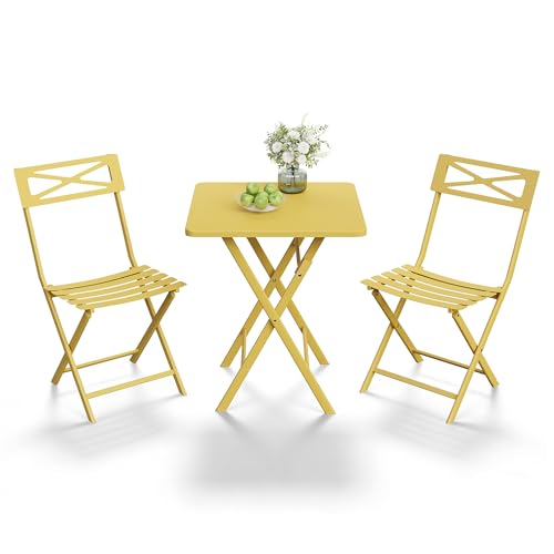 3-Piece Folding Bistro Set, Heavy Duty Outdoor Patio Furniture with 2 Chairs & 1 Table, Weather-Resistant Steel Frame, No Assembly Required for Garden, Yard, Balcony,Yellow - color: Yellow, size: 3PCS -Round Table