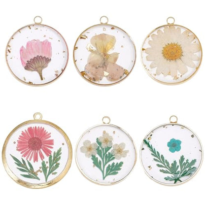 SUNNYCLUE 1 Box 12Pcs Dried Flower Resin Charms Pressed Flower Charm Round Shape Gold Edge Resin Floral Pendants for Jewelry Making Necklace Earring Keychain Bookmark Jewelry Making DIY Crafts