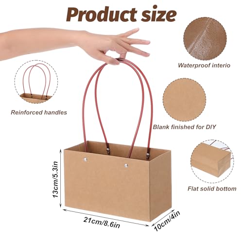 Limbeuuu 16-Pack Brown Paper Flower Gift Bags, Brown Bouquet Bag Box with Handle, Small Paper Carrier Tote Bags with Waterproof Lining for Floral Arrangements, Party Favor, Ultra Thick